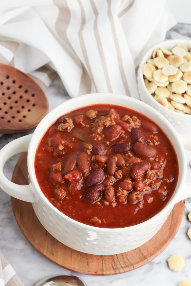 White bowl of chili