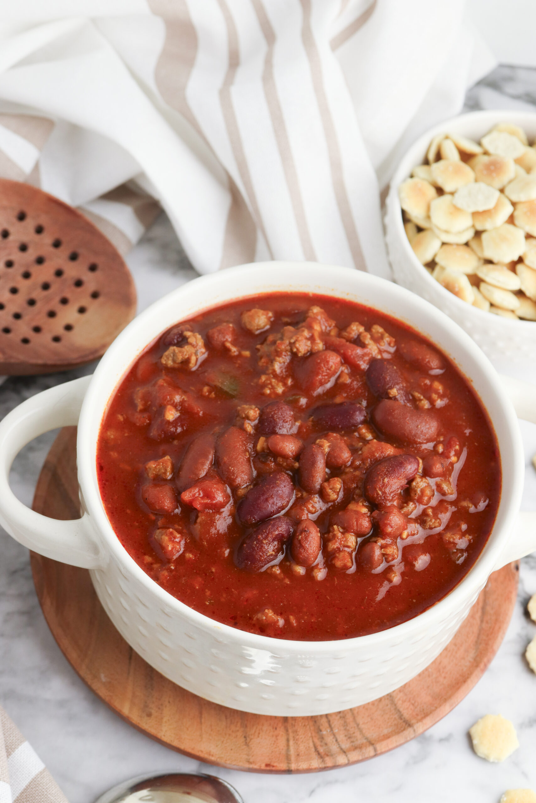 White bowl of chili