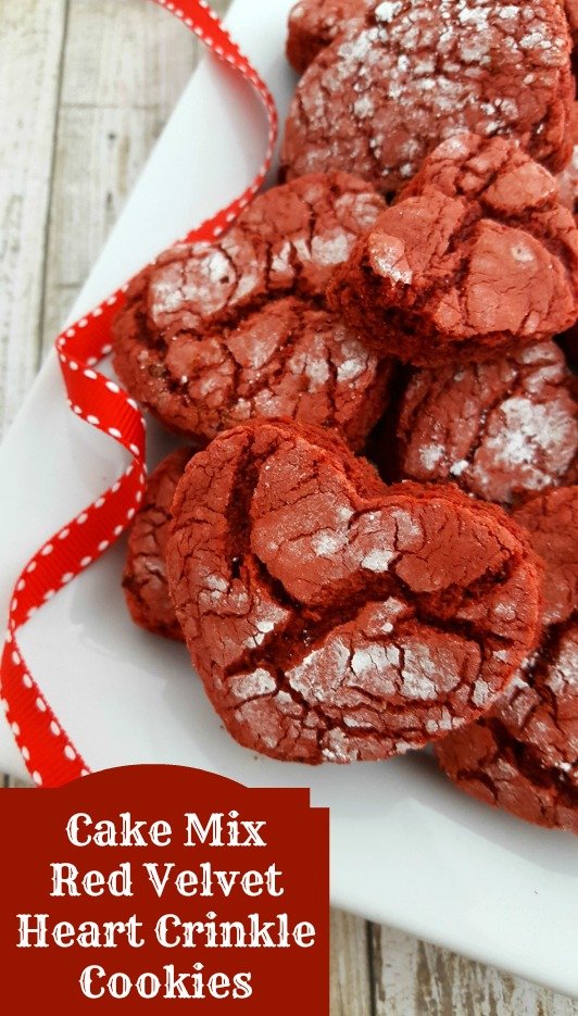 These Cake Mix Red Velvet Heart Crinkle Cookies require just FOUR ingredients and are ready to eat in just 15 minutes, perfect for Valentine's Day!!!
